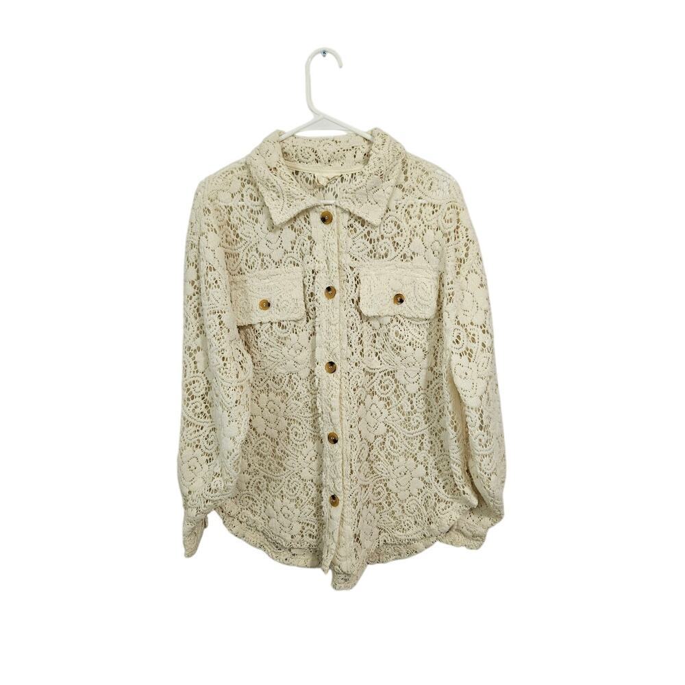 Bibi Oversized Cream Lace Button Down Shacket Size Small Front Pockets Collar - Picture 3 of 10